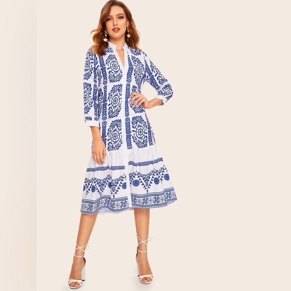 Goodnight Macaroon Blue and White Patterned Midi Shirt Dress